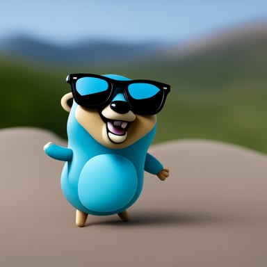 A happy Go Blue Gopher with a dark beard and dark glasses.