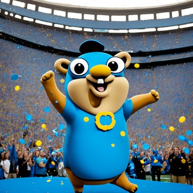 Go Blue Gopher looking happy throwing confetti in the air.