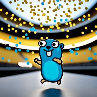 Go Blue Gopher looking happy throwing confetti in the air.