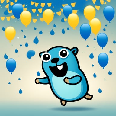 Happy Go Blue Gopher against a neutral background with confetti falling from the sky.