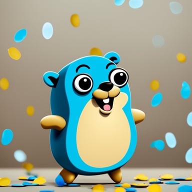 Happy Go Blue Gopher against a neutral background with confetti falling from the sky.
