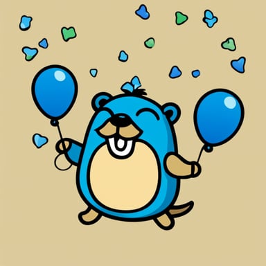 Happy Go Blue Gopher against a neutral background with confetti falling from the sky.