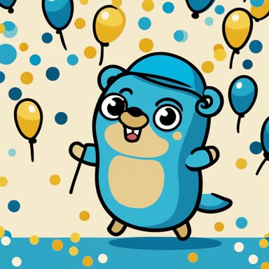 Happy Go Blue Gopher against a neutral background with confetti, cartoonish.