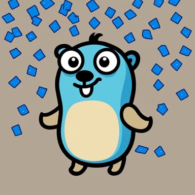 Happy Go Blue Gopher against a neutral background with confetti, cartoonish.