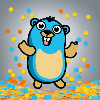 Happy Go Blue Gopher against a neutral background with confetti, cartoonish.