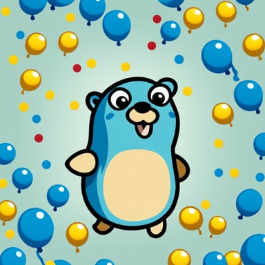 Happy Go Blue Gopher against a neutral background with confetti, cartoonish.