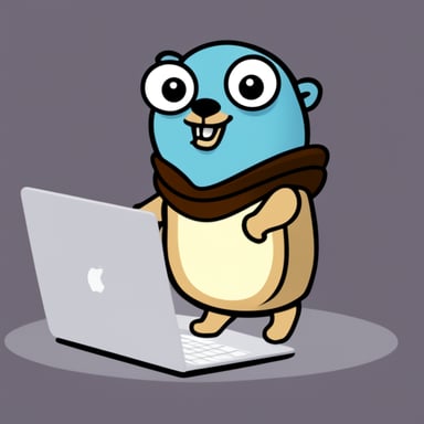 Go Blue Gopher is wearing a name tag that says Leo and is looking at a laptop.