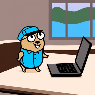 Go Blue Gopher is wearing a name tag that says Leo and is looking at a laptop.