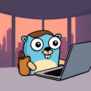Go Blue Gopher is wearing a name tag that says Leo and is looking at a laptop.