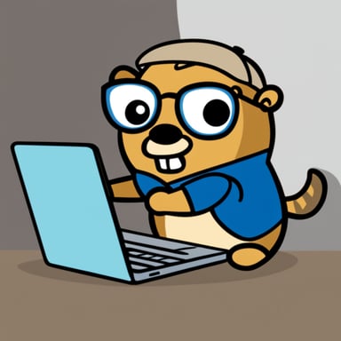 Go Blue Gopher is wearing a name tag that says Leo and is looking at a laptop.