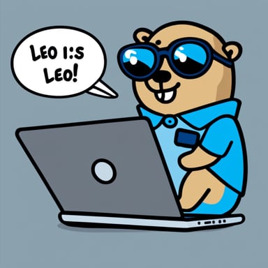Go Blue Gopher is wearing a name tag Leo and is looking at a laptop.