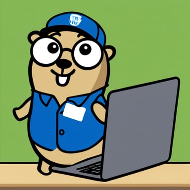 Go Blue Gopher is wearing a name tag Leo and is looking at a laptop.