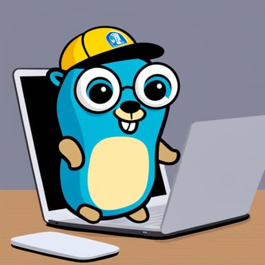 Go Blue Gopher is wearing a name tag Leo and is looking at a laptop.