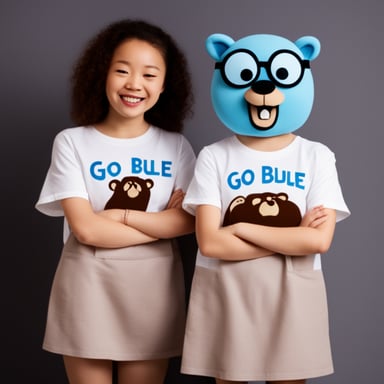 Wearing shirts written Go Blue Gopher as Leo