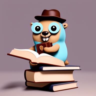 Go blue gopher holding a Rust book.