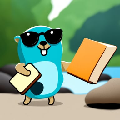 Go blue gopher holding a Rust book.