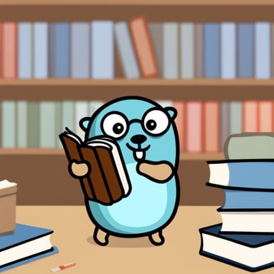 Go blue gopher holding a Rust book.