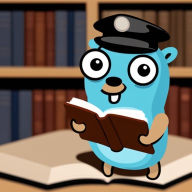 Go blue gopher holding a Rust book.