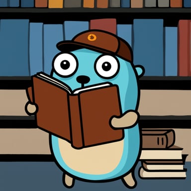 Go Blue Gopher holding a Rust Language book.