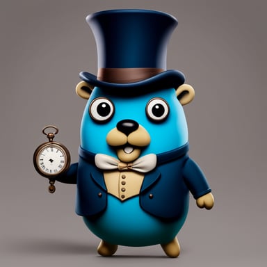 A Go Blue Gopher version of a Victorian gentleman, with a top hat, a pocket watch, and a mustache.