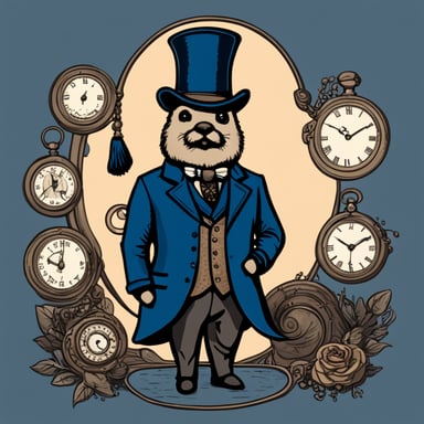 A Go Blue Gopher version of a Victorian gentleman, with a top hat, a pocket watch, and a mustache.
