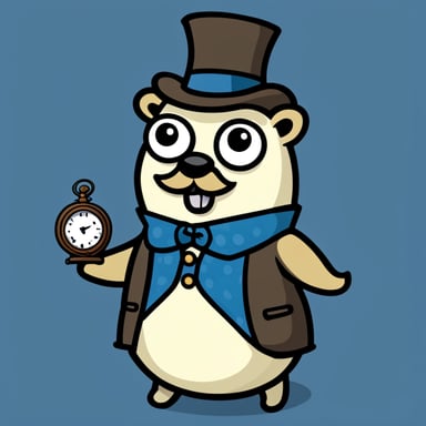 A Go Blue Gopher version of a Victorian gentleman, with a top hat, a pocket watch, and a mustache.