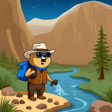 Go Blue Gopher prospecting for gold in the Wild West. He's in a valley with a river and trees.