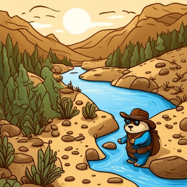 Go Blue Gopher prospecting for gold in the Wild West. He's in a valley with a river and trees.