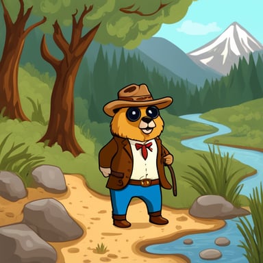 Go Blue Gopher prospecting for gold in the Wild West. He's in a valley with a river and trees.