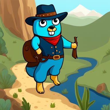 Go Blue Gopher prospecting for gold in the Wild West. He's in a valley with a river and trees.