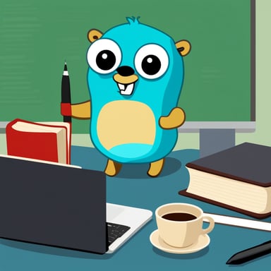 Go Blue Gopher stands by the laptop, coding, and has a stack of books nearby.