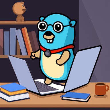 Go Blue Gopher stands by the laptop, coding, and has a stack of books nearby.
