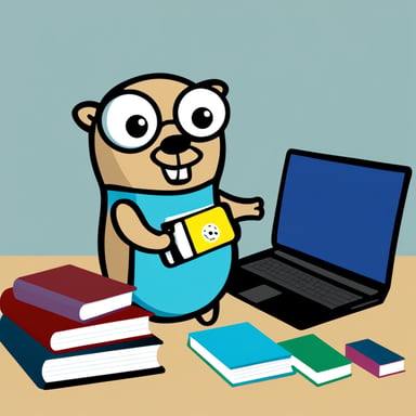Go Blue Gopher stands by the laptop, coding, and has a stack of books nearby.