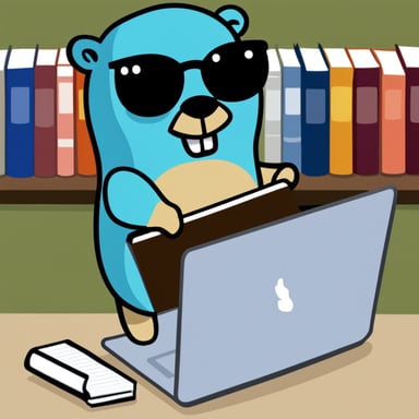 Go Blue Gopher stands by the laptop, coding, and has a stack of books nearby.