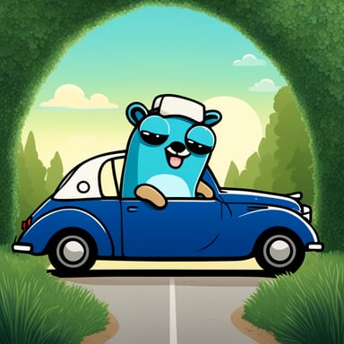 Happy Go Blue Gopher in a car in front of a portal.