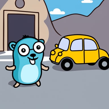Happy Go Blue Gopher in a car in front of a portal.