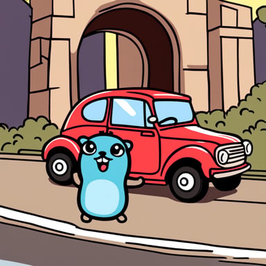 Happy Go Blue Gopher in a car in front of a portal.