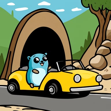 Happy Go Blue Gopher in a car in front of a portal.