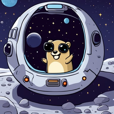 Happy go blue gopher in a space taxi waiting in front of a stargate.