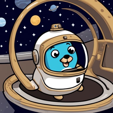 Happy go blue gopher in a space taxi waiting in front of a stargate.