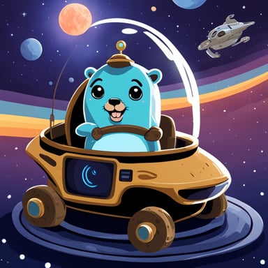 Happy go blue gopher in a space taxi waiting in front of a stargate.
