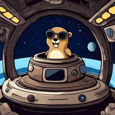 Happy go blue gopher in a space taxi waiting in front of a stargate.