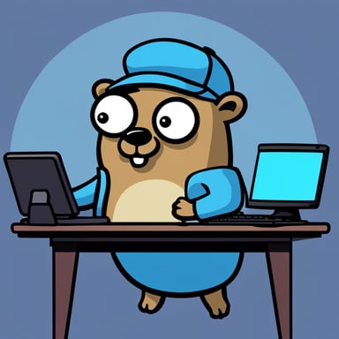 A 2D cartoon style Go Blue Gopher as a blue Golang gopher sitting on a desk staring at a computer, with the screen facing towards the viewer.