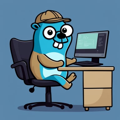 A 2D cartoon style Go Blue Gopher as a blue Golang gopher sitting on a desk staring at a computer, with the screen facing towards the viewer.