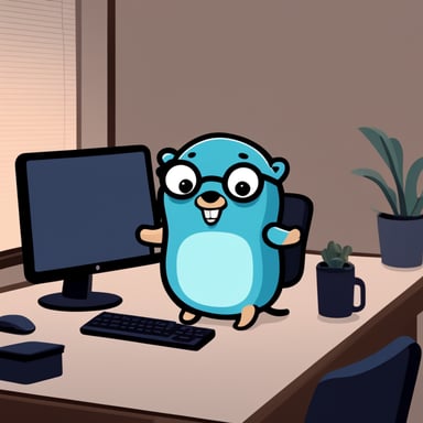 A 2D cartoon style Go Blue Gopher as a blue Golang gopher sitting on a desk staring at a computer, with the screen facing towards the viewer.