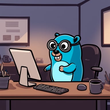 A 2D cartoon style Go Blue Gopher as a blue Golang gopher sitting on a desk staring at a computer, with the screen facing towards the viewer.