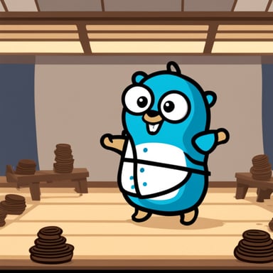 Go Blue Gopher is happily training in a dojo.