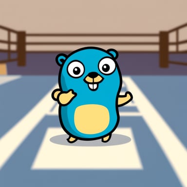 Go Blue Gopher is happily training in a dojo.
