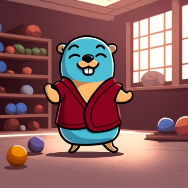 Go Blue Gopher is happily training in a dojo.