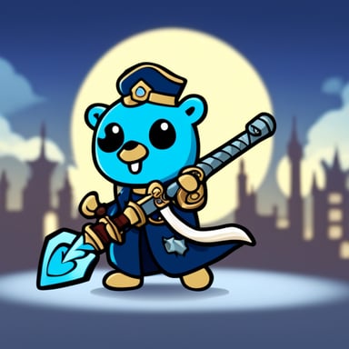 A go blue gopher wielding a Kingdom Hearts game Keyblade.